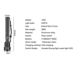 Powerful Flashlight XLamp XHP70 Rechargeable USB. 2*26650